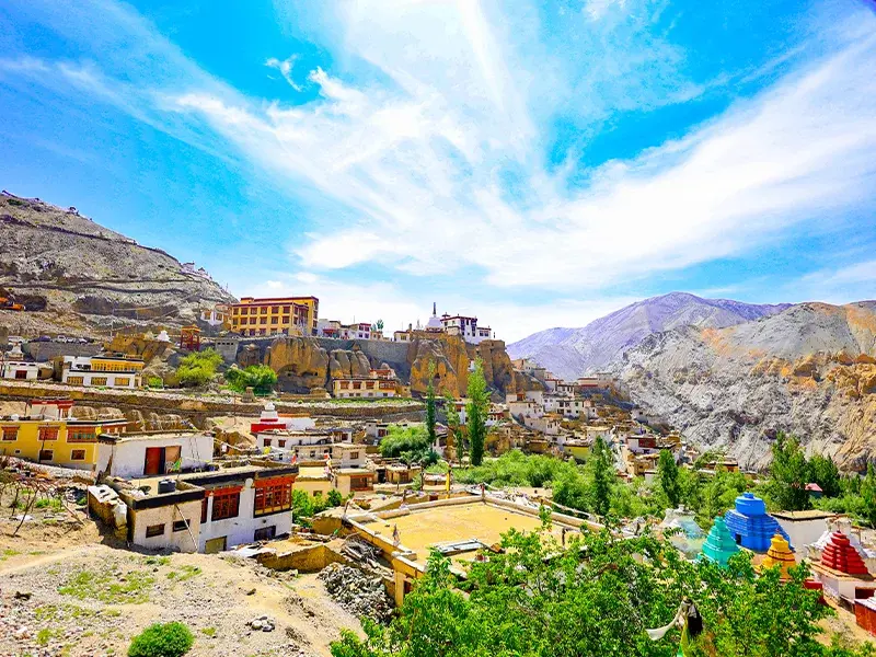La Ma Uro Monastery nestled in rocky hills of Zanskar Valley
